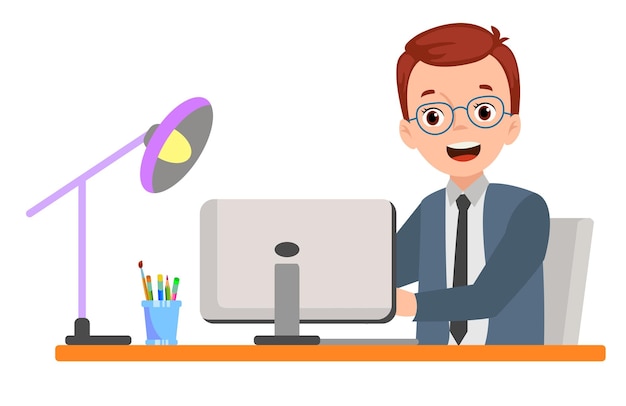 Teacher working at desk at computer