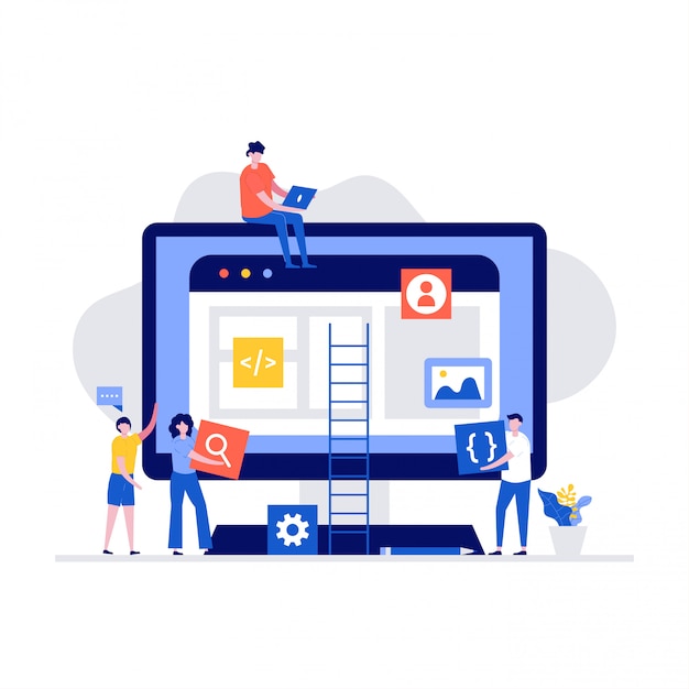 Team af personer, der arbejder sammen i webindustrien. Moderne illustration i flad stil.