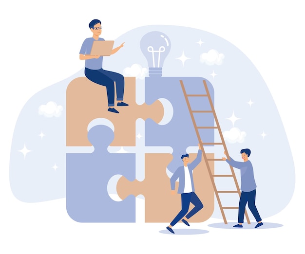 Teamwork concept People connecting puzzle elements Flat vector modern illustration