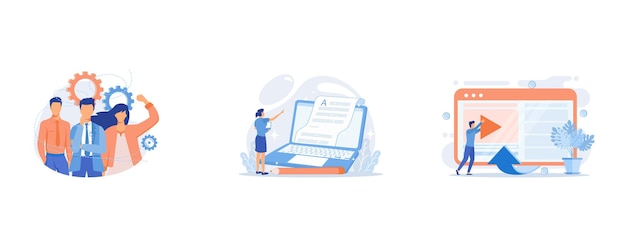 Teamwork, Electronic document, Video content creator, blogger colorful cartoon character, set flat