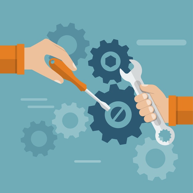 teamwork. hands team with a tool to repair mechanism. sleek design, vector illustration. concept teamwork , brainstorming. development and motivation to work together.