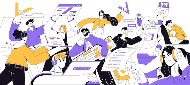Teamwork in programming outline Software development team writes code for web app Programmers work together Engineers coding on laptops Flat isolated vector illustration on white background