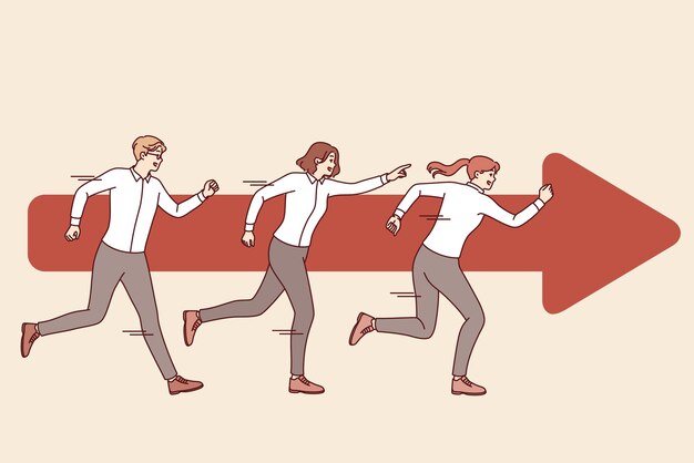 Teamwork of business people running together near arrow and striving to quickly achieve goal