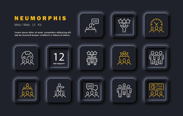 Teamwork set line icon Clock stars planet microphone corporation interaction competition Neomorphism style Vector line icon for business and advertising