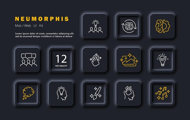 Teamwork set line icon Creativity light bulb brush music thought dream photography brain Neomorphism style Vector line icon for business and advertising