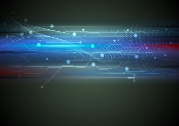 tech blue glowing background with circuit board lines and waves vector design