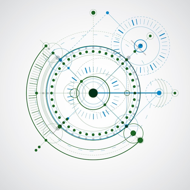 Technical blueprint, colorful vector digital background with geometric design elements, circles. Illustration of engineering system, abstract technological backdrop.