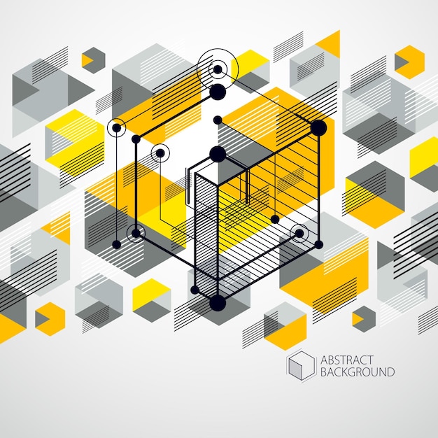 Technical blueprint, vector yellow digital background with geometric design elements, cubes. Engineering technological wallpaper made with honeycombs.