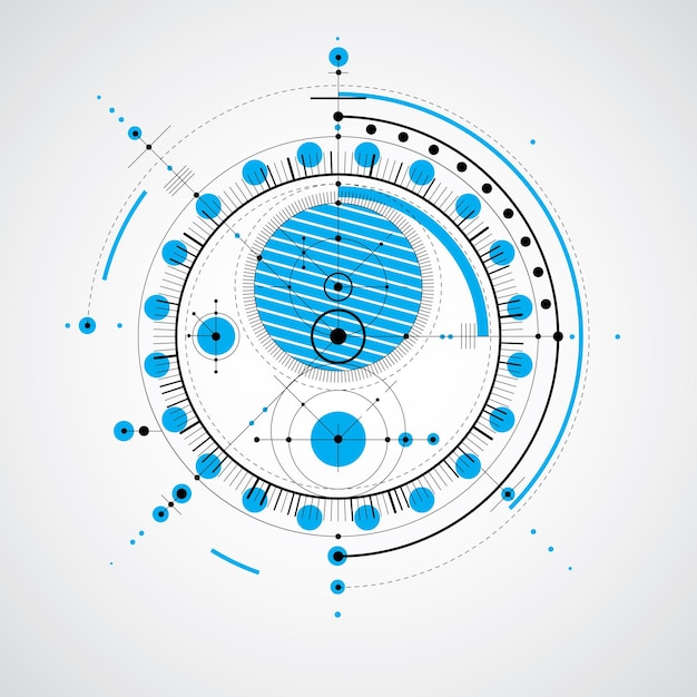 Technical drawing made using dashed lines and geometric circles. Vector wallpaper created in communications technology style, engine design in blue color.