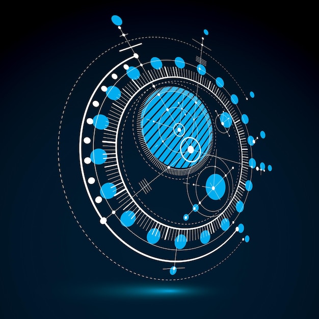 technical plan, blue abstract engineering draft for use in graphic and web design. perspective vector drawing of industrial system created with mechanical parts and circles.