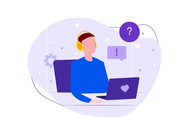 Technical support. Call centre office. Male person working with laptop in headset. Editable vector