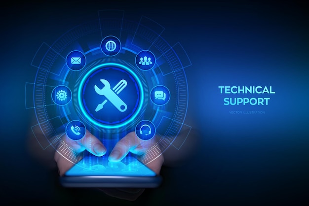 Technical support Customer help Tech support app interface on virtual screen Smartphone in hands