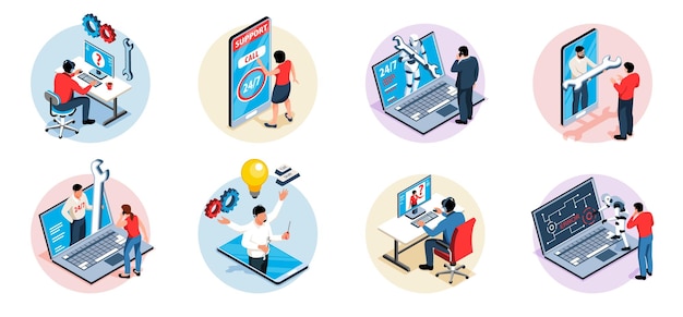 Technical support isolated round compositions with people making phone calls for inspection and assistance isometric vector illustration