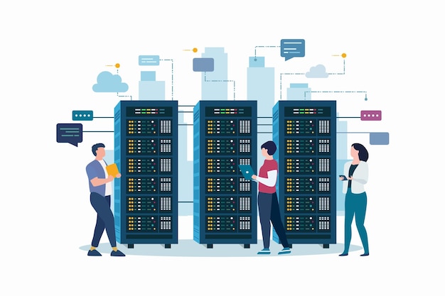 Technician works in server room racks Cloud system concept data center data storage