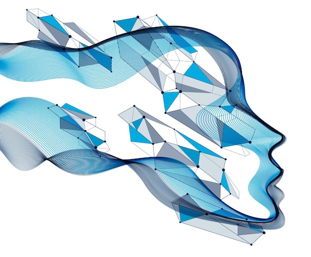 Technological evolution time, digital software soul of machine, human head vector portrait made of dotted particles flow in wave shapes lines. Beautiful futuristic illustration.