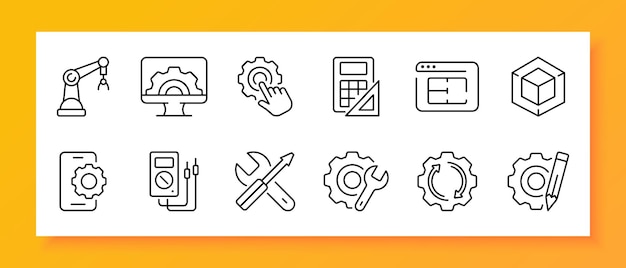 technologies icon set hydraulic arm calculator drawing marking ruler smartphone ammeter screwdriver black icon on a white background vector line icon for business and advertising