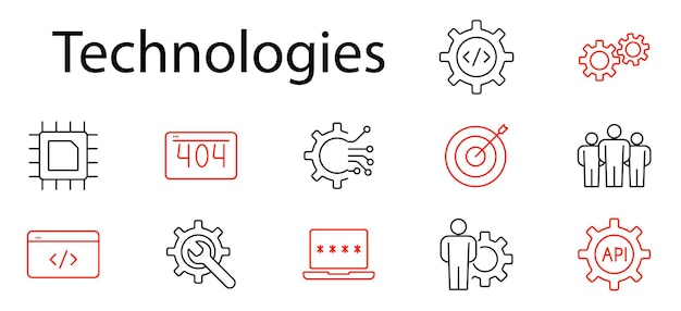 Technologies set icon Chip 404 code gear target people API laptop settings microchip software programming development IT digital hardware network technical innovation engineering