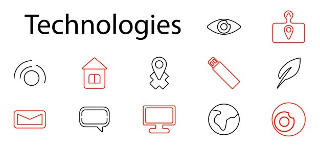 Technologies set icon Home location email chat monitor globe wireless communication digital network device interface web internet screen map message connect software data