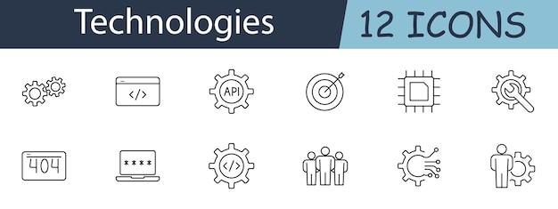 Technologies set icon Includes coding API gears computer and network symbols Perfect for IT software development and tech services concepts Vector line icon on white background