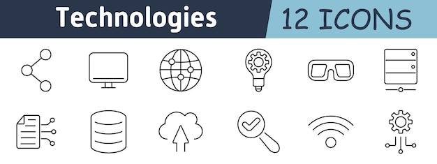 Technologies set icon Network link desktop global map innovation smart glasses server data transfer database cloud upload search check wireless connection engineering gear