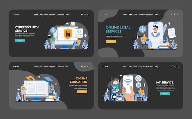 Technology and innovation night or dark mode web or landing page set cybersecurity online legal