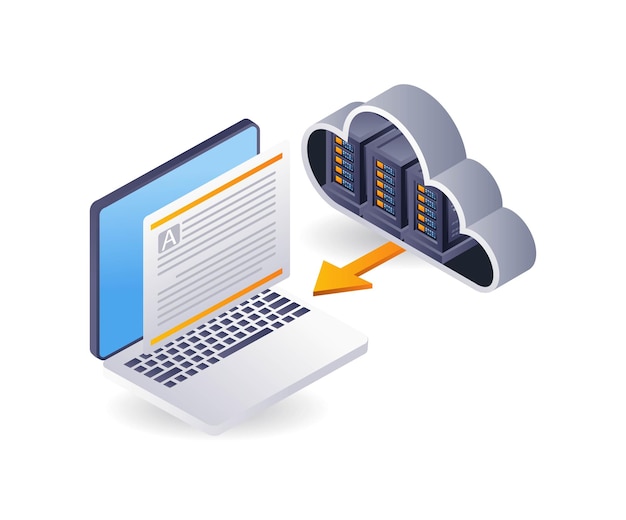 Technology cloud server data transfer isometric flat 3d illustration infographic