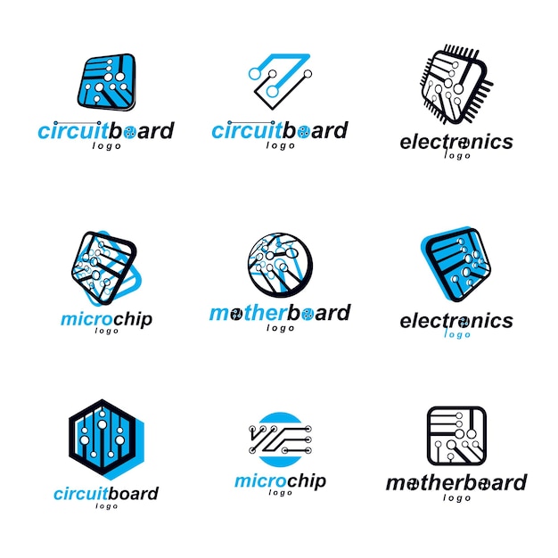 Technology communication cybernetic elements collection. Vector abstract circuit board. Set of electronic microprocessor logos.