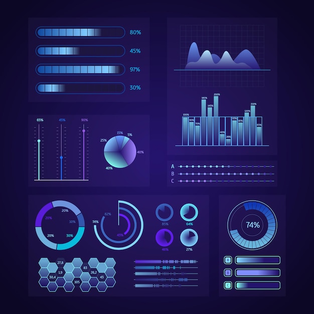 Technology Graphics Elements Set for Web and App Design on a Dark Blue Background Vector illustration of Graphs or Diagrams Progress