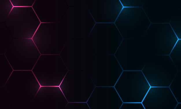technology hexagon dark futuristic abstract vector background with pink and blue colored bright flashes under hexagon. hexagonal gaming honeycomb abstract background.