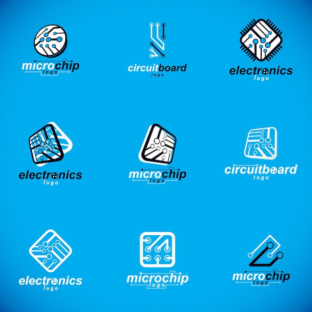 Technology innovation logos. Set of vector abstract computer circuit board, technology elements with connections. Electronics theme web design.