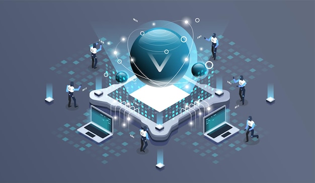 technology isometric illustration of quantum computer.