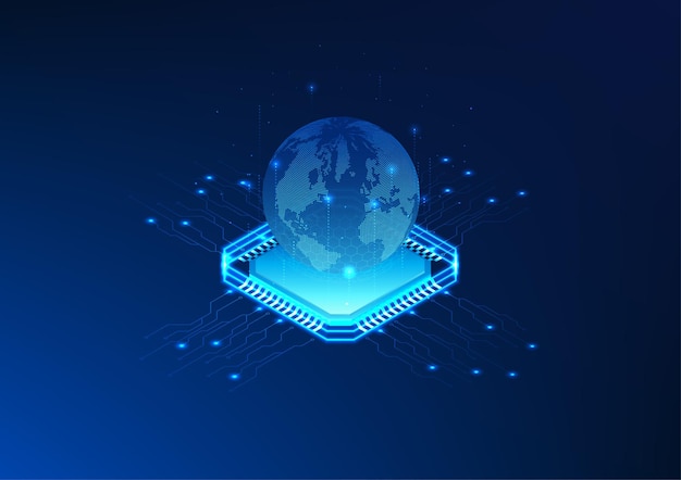 Technology Microchip Artificial Intelligence Microchip with the world on top represents AI becoming