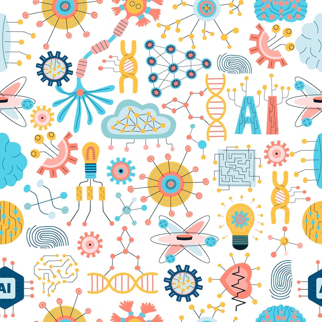 Technology seamless pattern with Hand Drawn Neural Networks robots and artificial intelligence database background information server center global network backup security vector background