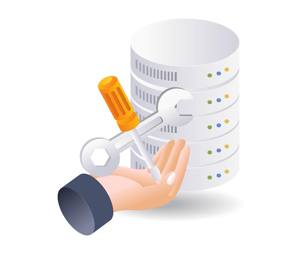 Technology server database maintenance service infographic 3d flat isometric illustration