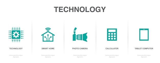 Technology smart home photo camera calculator tablet computer icons Infographic design template Creative concept with 5 steps