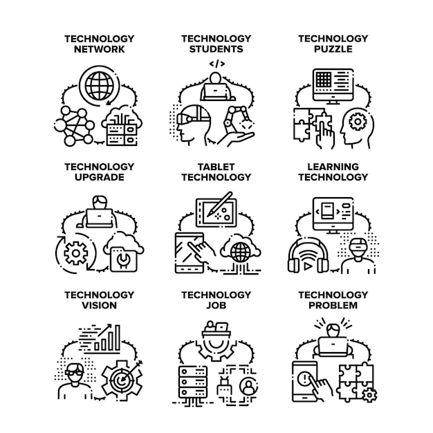 Technology Upgrade Set Icons Vector Illustrations Student Learning Technology And Network Problem Solve Vision And Job Tablet Device And Puzzle Game Development And Testing Black Illustration