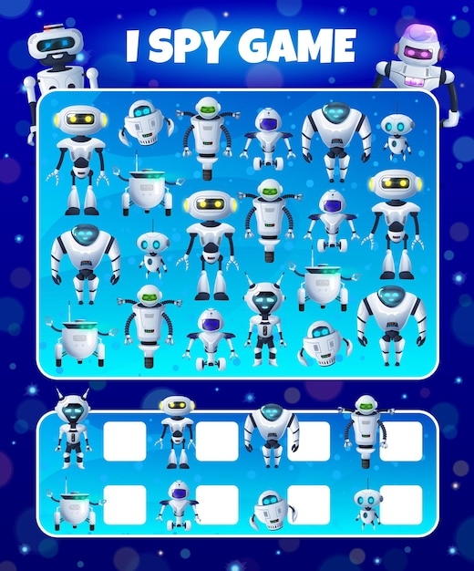 Tecknade robotar och droider. Barn Jag spionerar spel, gåta