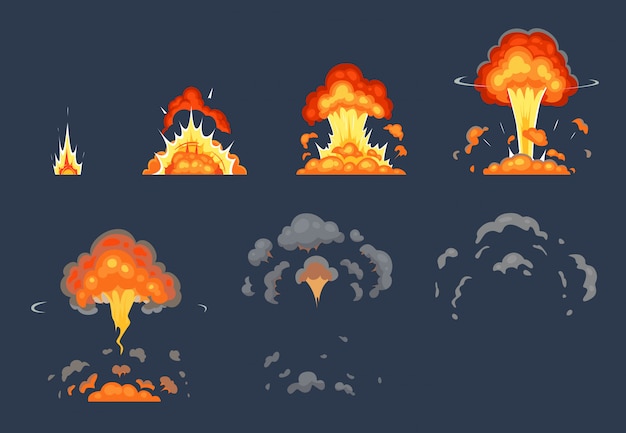 Tegneserie bombe eksplosion animation. Eksploderende animerede rammer, atomisk eksplodere effekt og eksplosioner røg illustration sæt