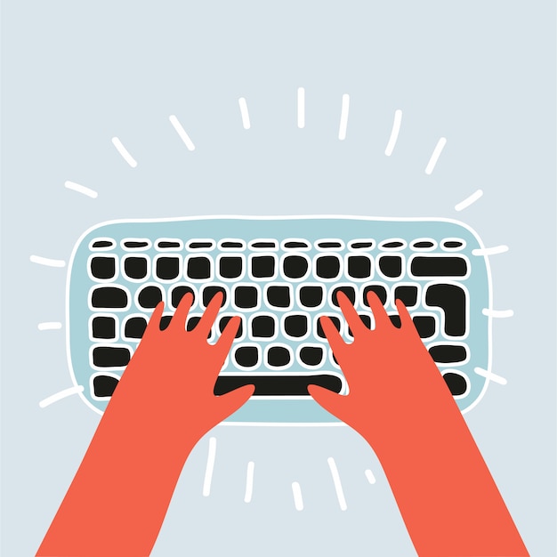 Tegneserie hænder på hvidt tastatur og mus af computer. Skrivebordsarbejder koncept. Computer, internet, skrivning. illustration i fladt design på brun baggrund