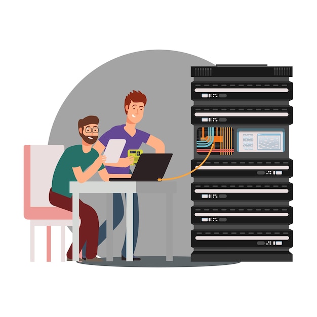 Tegneseriefigurer computeringeniører, der arbejder med serverklynge. Vektorillustration