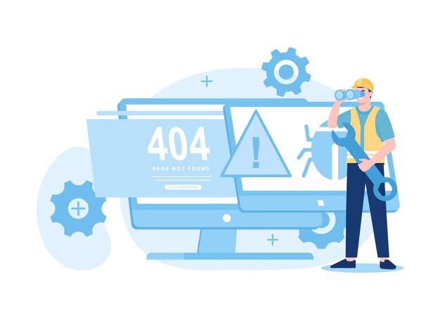 Tekniker åtgärdar ett buggfel 404 trendig platt illustration