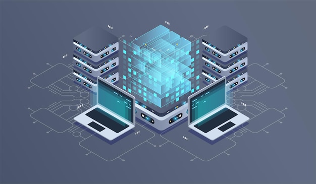 Teknologisk isometrisk illustration af kvantecomputer.