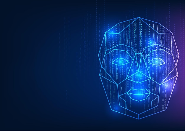 Teknologisk konceptbaggrund med ansigtet af en kunstig intelligens robotrobotside
