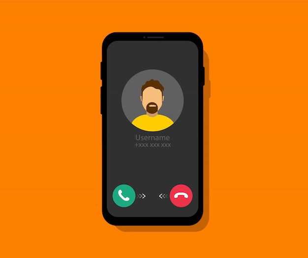 Telefonda gelen arama. Gelen aramalı akıllı telefon ekranı. Telefon görüşmesi arayüzü. Düz stil.