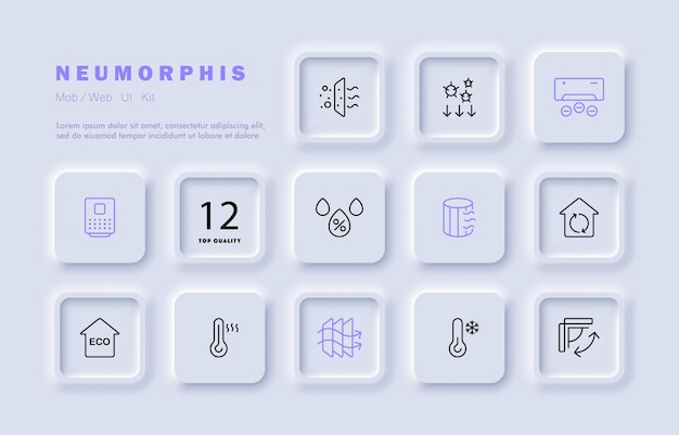 Temperature and humidity control set icon Air microbes conditioning water drops percent sign humidifier eco thermometer Smart house system concept Neomorphism Vector line icon for Business