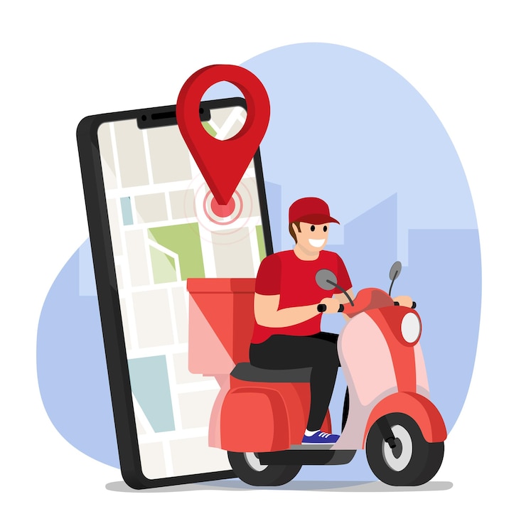 Vektör teslimat yapan scooter sürücüsü düz vektör çizgi film karakteri hızlı kurye