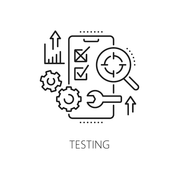 Testing web app develop and optimization icon of software test and analysis line vector Mobile phone app or web application software test of UI usability UX analytics and process error or debugging