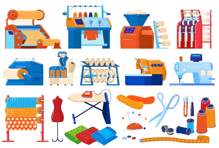 Vektor textile industry  illustration set, cartoon  collection of textile machinery equipment, thread and fabrics production process