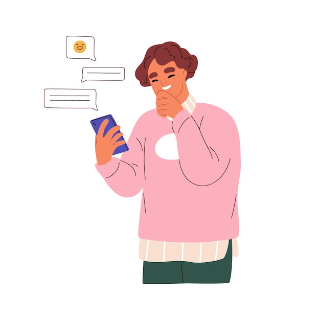 texting and reading online messages using smartphone person holding mobile phone laughing during internet communication social media chat flat vector illustration isolated on white background