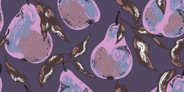 Textured pears Fruit pattern Cartoon style Hand drawn elements Vector seamless overlapping pattern